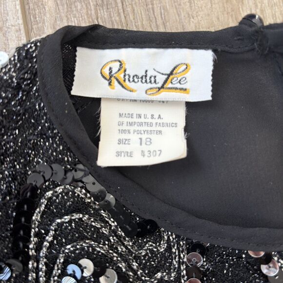 Vintage 80s Rhoda Lee Blouse Size 18 Black Sequins Sheer Union Label Flowy Glam - Picture 3 of 11